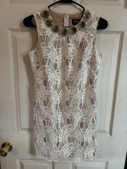 Adrianna Papell Ivory Beaded Mesh Round Neck Sheath Short Zip Lined 4P
