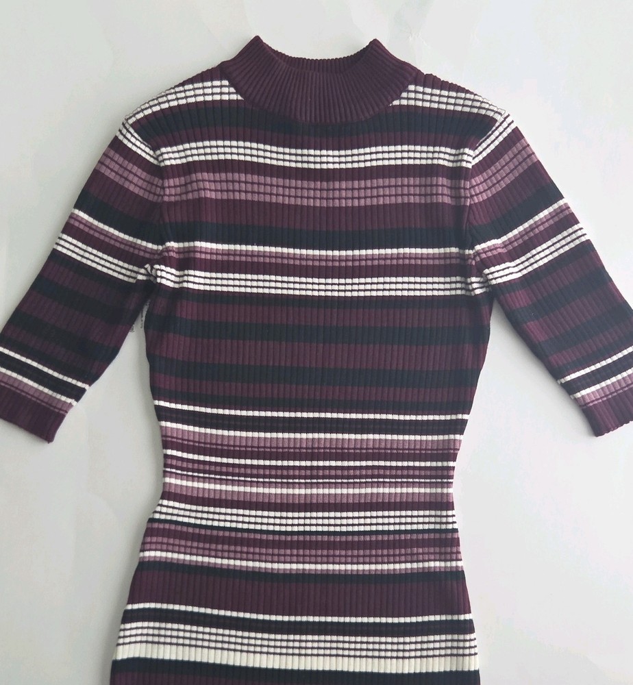 No Boundaries Ribbed Stretch Knit Mock Neck 3/4 Sleeve Striped Dress M