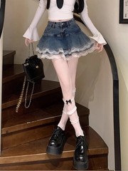 Sweet Lace Trim Denim Cake Skirt Women&rsquo;s Hight Waist A Line Mini Skirt Female Ko