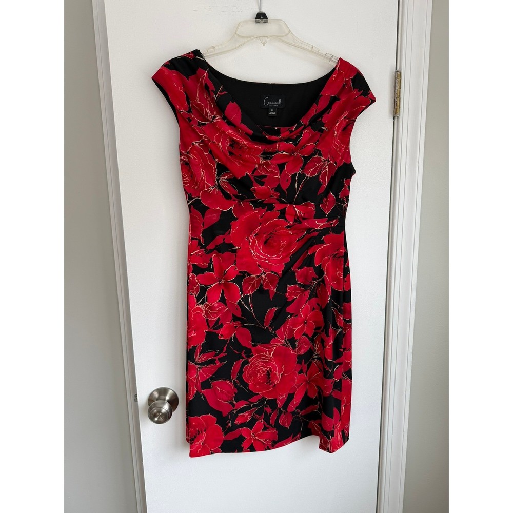 Connected Apparel Red Floral Cowl Neck Sheath Dress Black Gold Metallic 8P