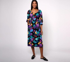 AnyBody Sz L Regular Daydreamer Knit Printed Dress with Smocking BLACK A619747