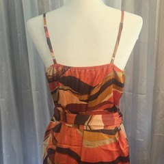 Womens Orange Brown Abstract Print Strappy V-Neck Adjustable Tie Waist Dress M