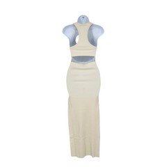 Weekend Stories Cut Out Back Ribbed Erykah Midi Dress in Beige Size XXS