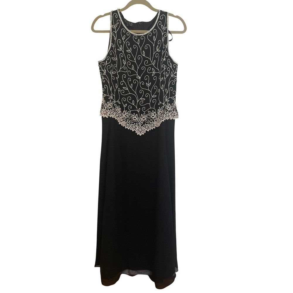 Evening Gown Black 10P Beaded Sequin Sleeveless Top Chiffon Skirt EUC