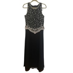 Evening Gown Black 10P Beaded Sequin Sleeveless Top Chiffon Skirt EUC