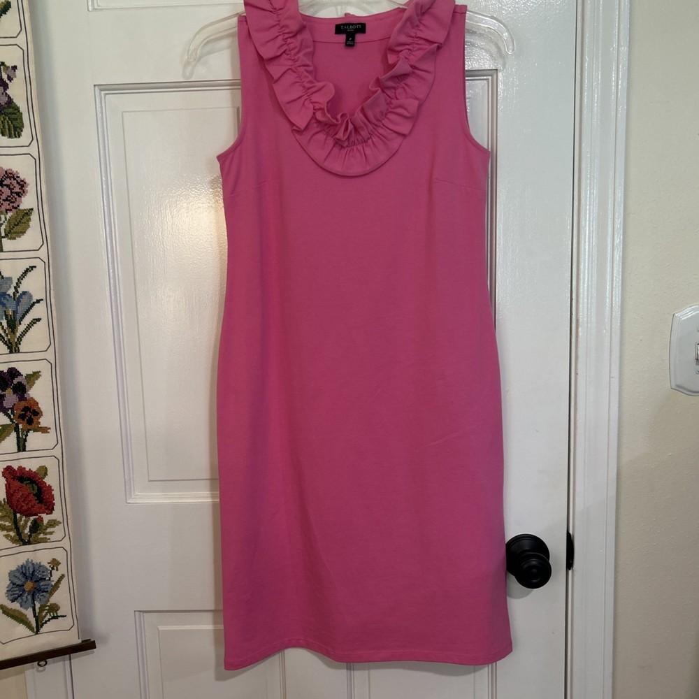 Talbots Sleeveless Ruffle V-Neck Shift Dress- Fuchsia- Size: P