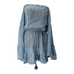 0 RAYON Bell Sleeve Ocean Striped Off-Shoulder Dress Tassel M Boho