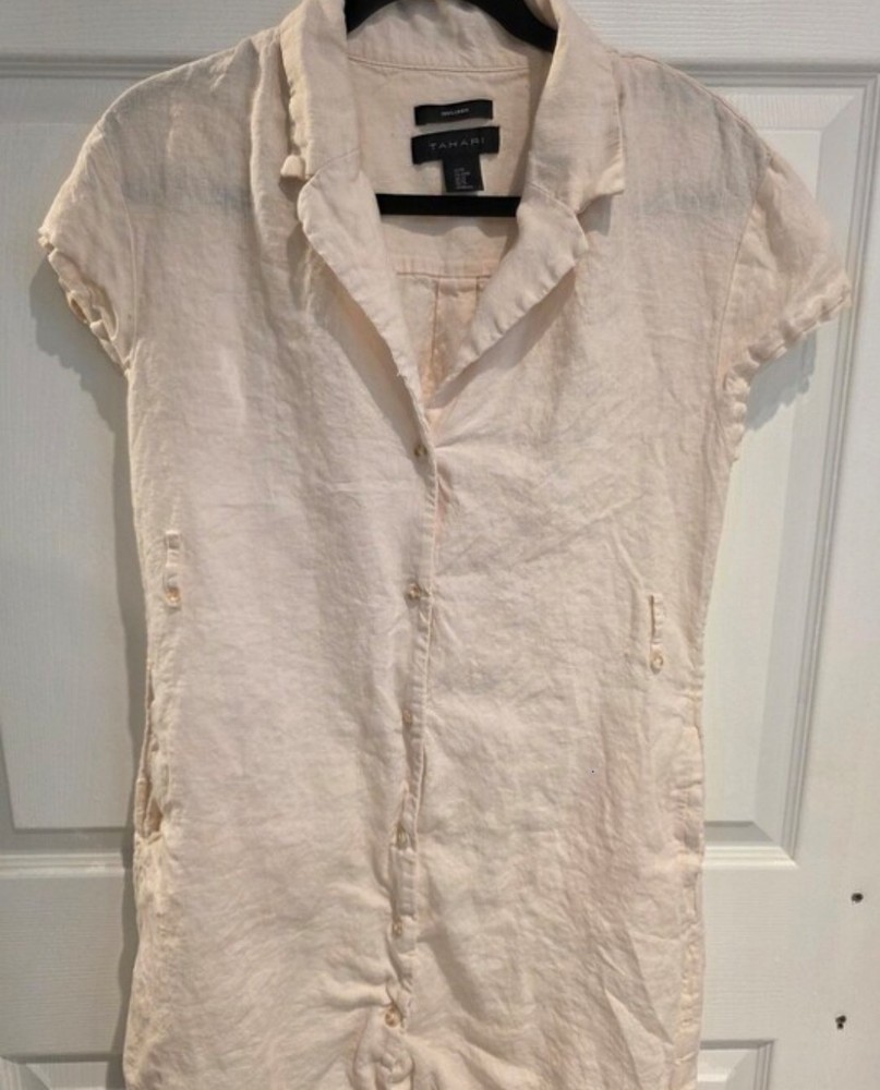 Tahari Beige Solid Collared Short Sleeve Button Front Pocket Shirt Dress M