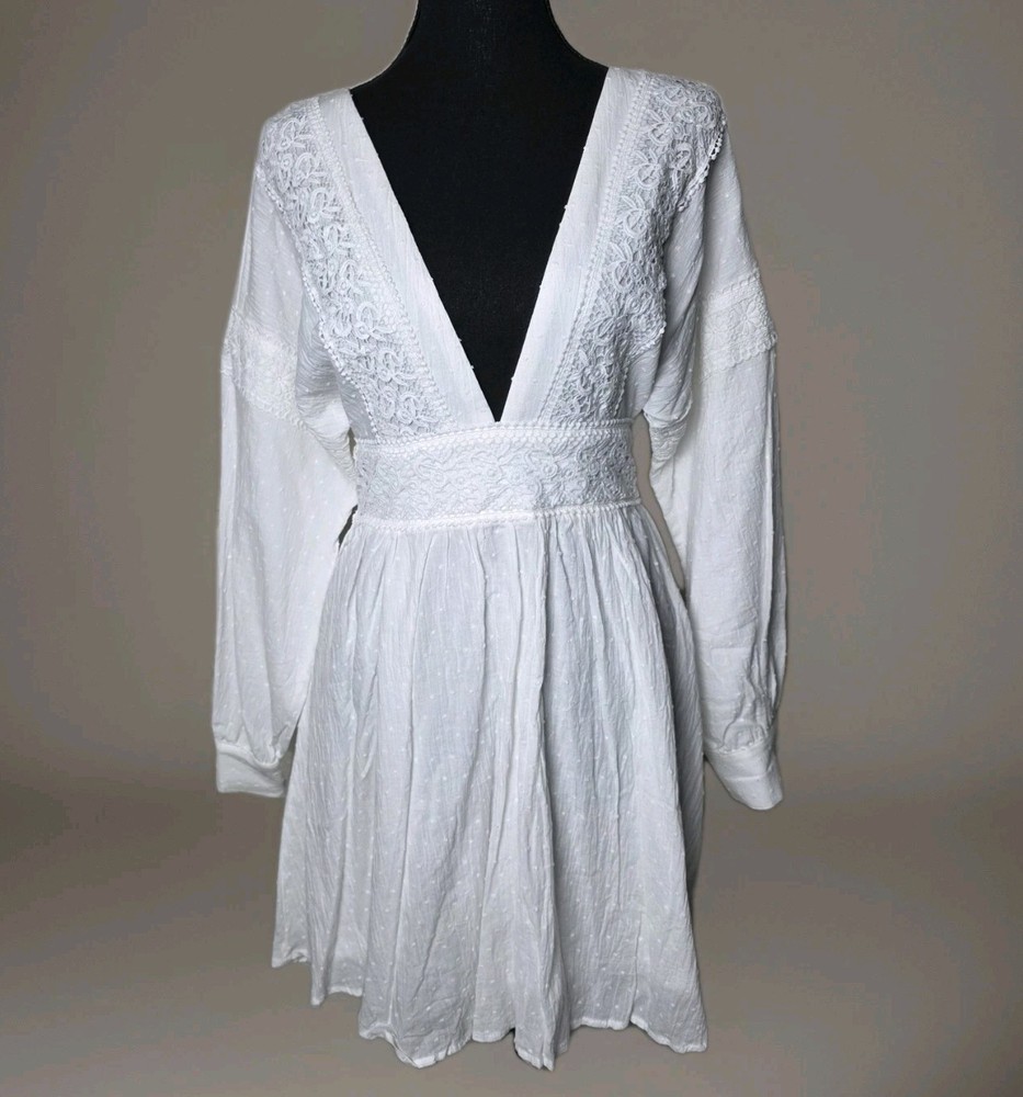 White Swiss Dot Graduation Boho Mini Dress S Deep V Tassel Bridal Bachelorette