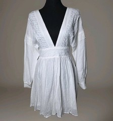 White Swiss Dot Graduation Boho Mini Dress S Deep V Tassel Bridal Bachelorette