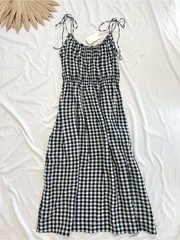 Doen Leslie Marilyn Gingham Black and White Checkered Linen Midi Smocked Dress