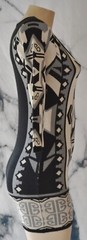 T/O SWEATERS Black Tan Gray Patterned Sweater Dress Small 3/4 Sleeves Acrylic