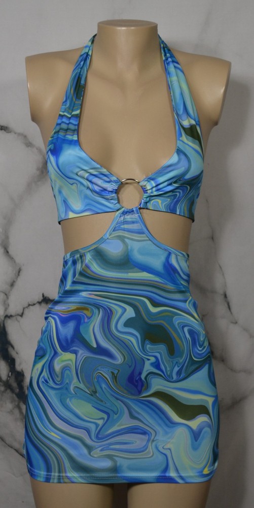 EMVIE&rsquo;S FASHIONS Blue Gold White Yellow Swirl Bikini Mini Dress Small Back Ties
