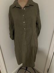 Elena Baldi Large Green Linen Collar Tab Sleeves Pockets Dress NWT