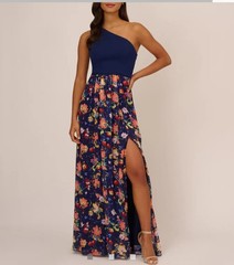 Adrianna papell one Shoulder Chiffon Navy Floral Stunning Dress Size 10 Bnwt
