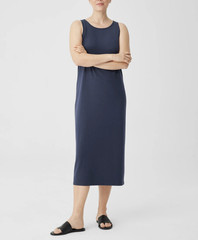 Eileen Fisher Ocean Blue Jewel Neck Stretch Jersey Knit Tank Midi Dress Sz S
