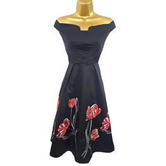 Karen MIllen 6 UK Black Cotton Floral Embroidered Beaded Bardot Fit Flare Dress