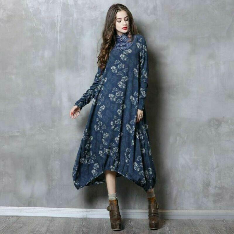 Ethnic Retro Womens Printed Cotton Linen Long Maxi Dresses Loose QiPao dd26