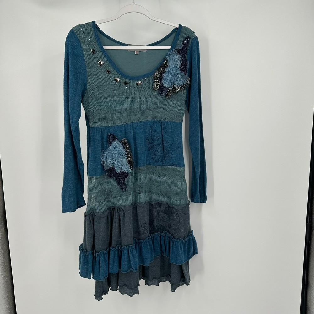 Womens Boho Patchwork Dress Size M Embellished Mixed Media Artsy