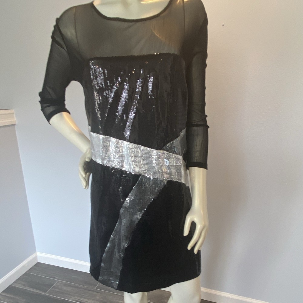 Argenti Black Silver Sequin Mesh Sheer 3/4 Sleeve Sheath Knee Dress 8