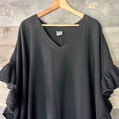 Cotton Gauze NWT Ruffle Kaftan Dress OS Black V-Neck Oversized Midi Resort Beach