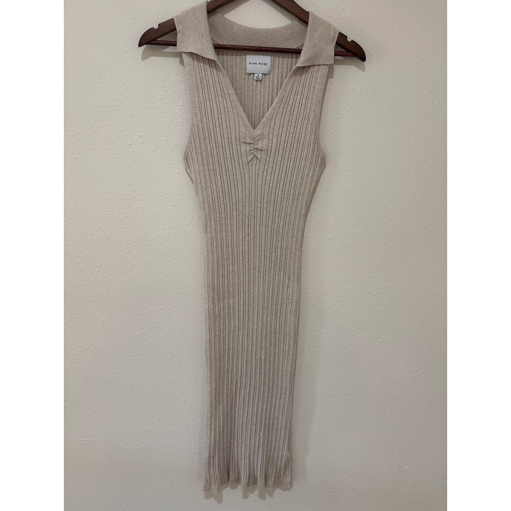 Pink Rose Womens Ribbed Knit Midi Dress Beige Sleeveless Collared V-Neck Medium
