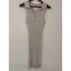 Pink Rose Womens Ribbed Knit Midi Dress Beige Sleeveless Collared V-Neck Medium