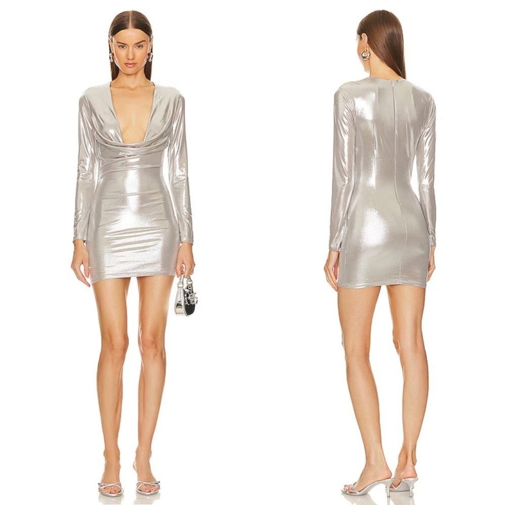 NEW NWT Superdown Gwen Long Sleeve Draped Neck Mini Dress Silver Metallic SZ XS