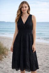 Jessica Taylor 100% Cotton Smocked Midi Dress Black V Neck 2X Style GC-20
