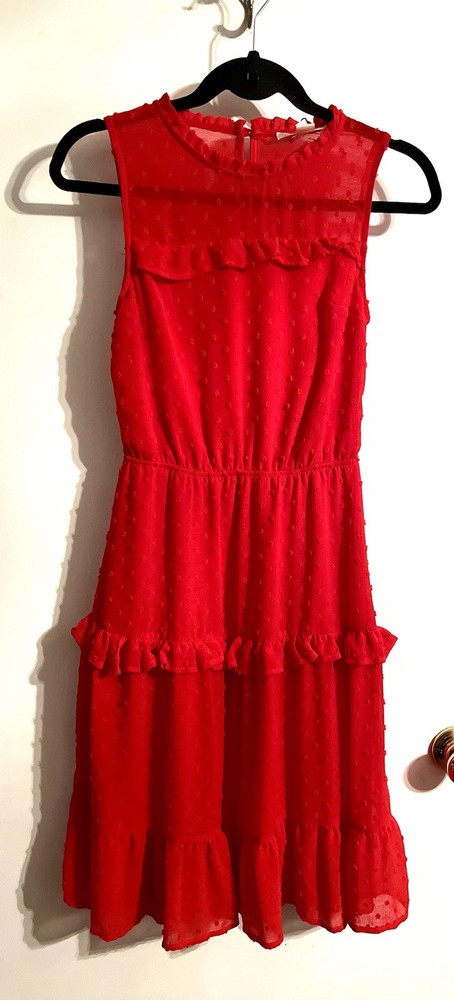 Monteau Red Dobby Polka Dot Sleeveless Ruffle Layered Short A-Line Dress S