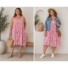 Midi dress Pink Gauze 100% Cotton Cottage core Babydoll maximalist spring Sz-3X