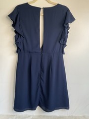 Navy Blue “About Us” Flutter Ruffle Sleeve Mini Dress w/ Deep V Keyhole Back