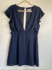 Navy Blue “About Us” Flutter Ruffle Sleeve Mini Dress w/ Deep V Keyhole Back