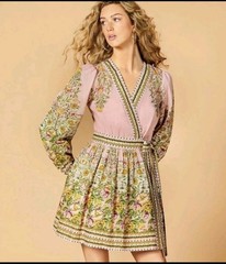 NWT A Loves A Floral Print Surplice V-Neck Long Bubble Sleeve Wrap A-Line Dress