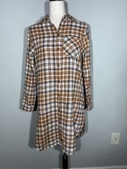 No Comment M Plaid Brown Button Front Shirt Dress Long Sleeves Slits Flannel