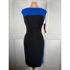 Lauren Ralph Lauren NWT Black Blue Ruched Faux Wrap Sheath Dress Size 4