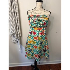 Judith March Cream Floral Strapless Dress with Aqua Trim size Large