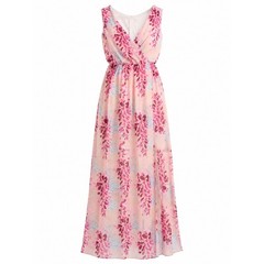 Pink Floral Chiffon Maxi Dress Sleeveless V-Neck High Slit XL Wedding Guest