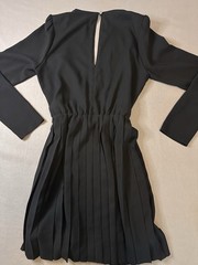 Leith S Solid Black V-Neck Pleated A-Line Short Dress Button Long Sleeve