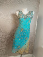 True Vintage Boho Y2K Turquoise Beaded Sequinned Midi Dress UK Size 12