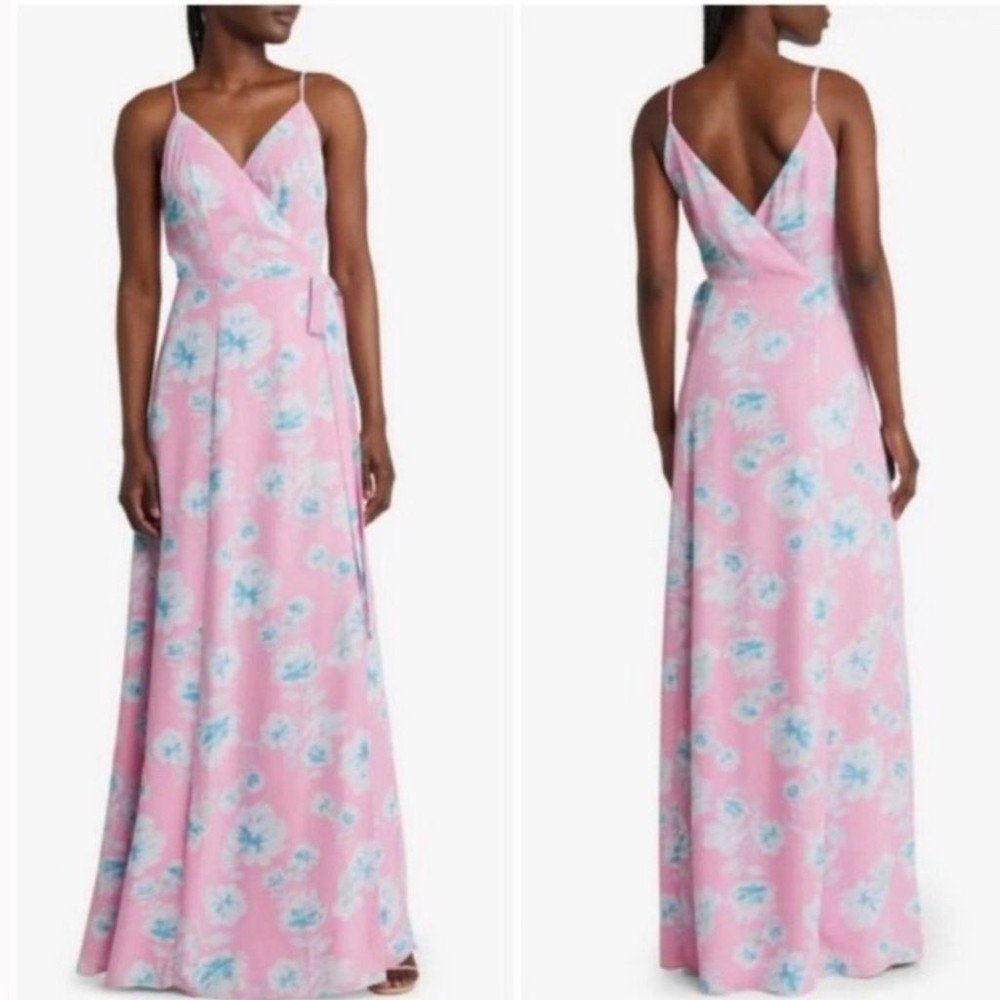 262. WAYF The Angelina Floral Wrap Gown Blue Pink Floral Print Small S