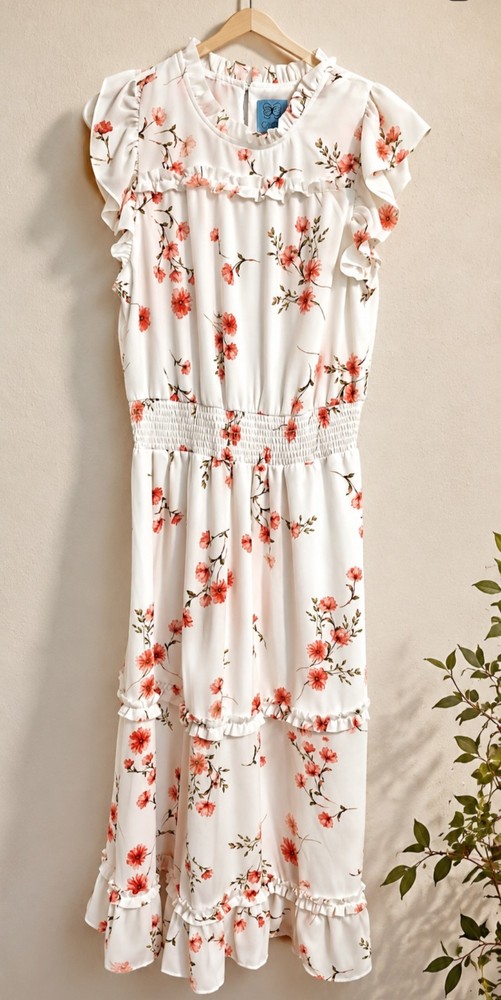 CeCe Medium White & Pink Floral , Ruffle Midi Dress Flutter Sleeves ,Linded 🌺