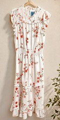CeCe Medium White & Pink Floral , Ruffle Midi Dress Flutter Sleeves ,Linded 🌺