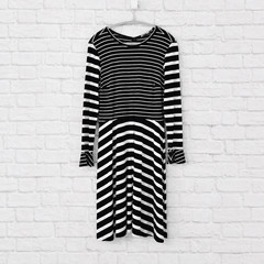 LOFT Women XS Black White Striped Fit & Flare Long Sleeve Flared Cuff Knit Dress