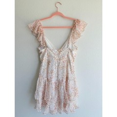 Selfie Leslie Flower Child Twist Bust Ruffle Trim Dress Leaf Print in Pink M NWT