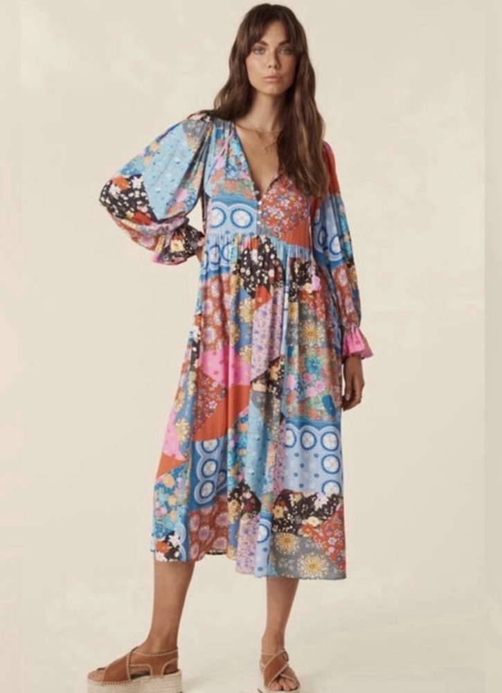 SPELL & THE GYPSY Cha Cha Patchwork Midi Dress Boho size M Jewel Colorway
