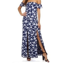 LUCCA Navy Blue White Floral Off Shoulder Maxi Dress Slit M wedding formal new