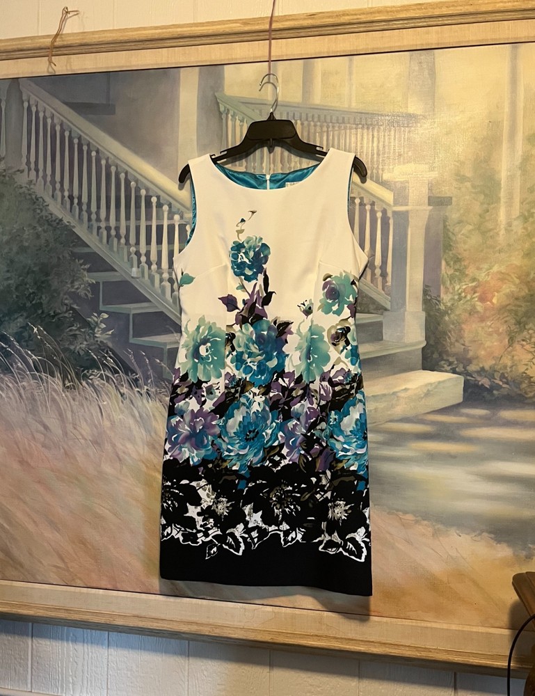 Women »s White W/Blue Floral Stretch Sleeveless Sheath Dress By Dressbarn Size 10