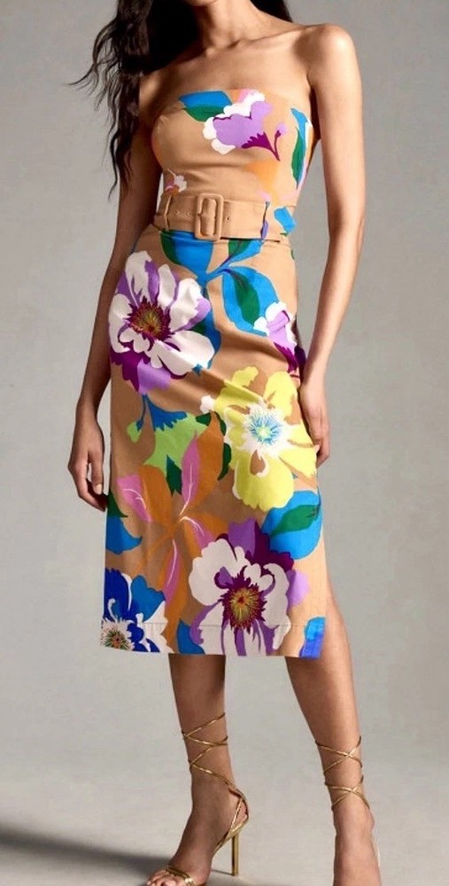 Anthropologie Maeve Strapless Floral Belted Botanical Print Midi Dress Sz S