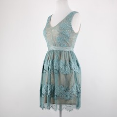 Francescas Sz XXS Blue Tan Lace Lined V Neck Sleeveless 100% Nylon/Poly Dress